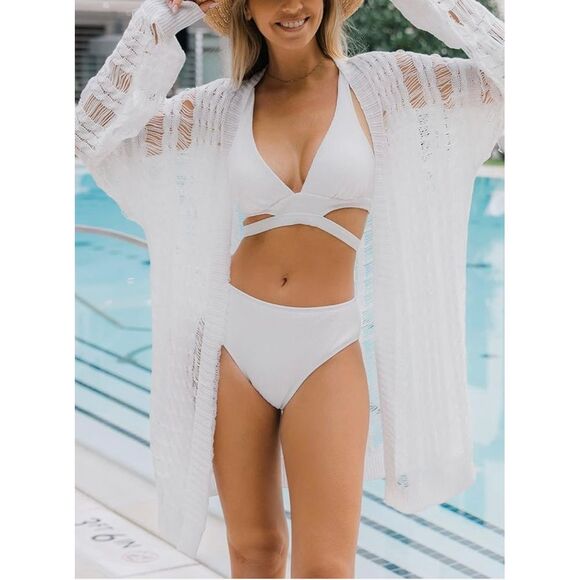 CUPSHE Women's Crochet Open Front Ribbed Swim Beach Cover Up Long Sleeve‎ Kimono - Picture 1 of 11